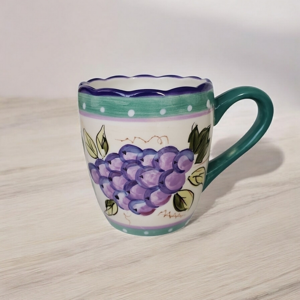 Ceramic Mug Handpainted Glazed Scallop Edge Grape & Berries Motif